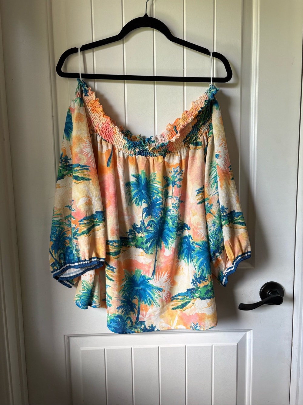 Jealous Tomato Peach and Teal Off-Shoulder Tropical Blouse
